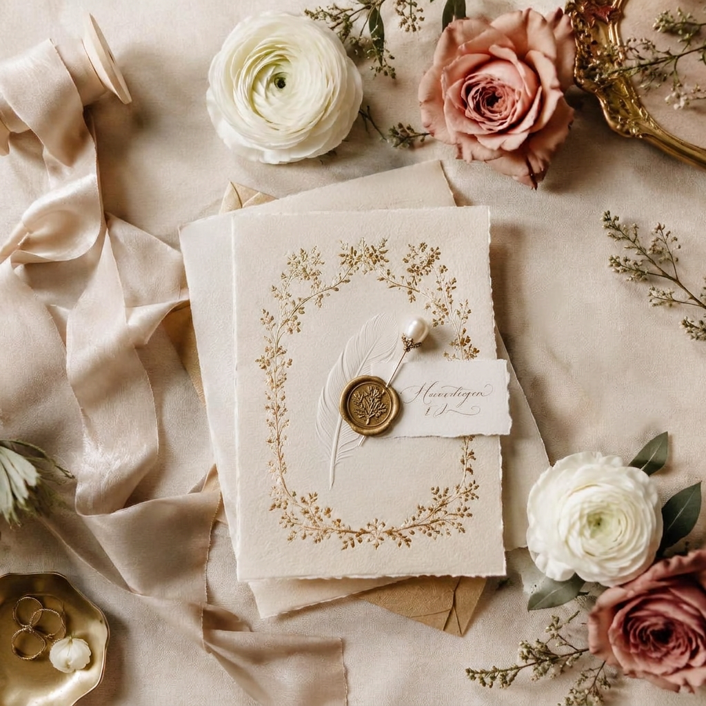 Papelería de boda artesanal con flores y dorado