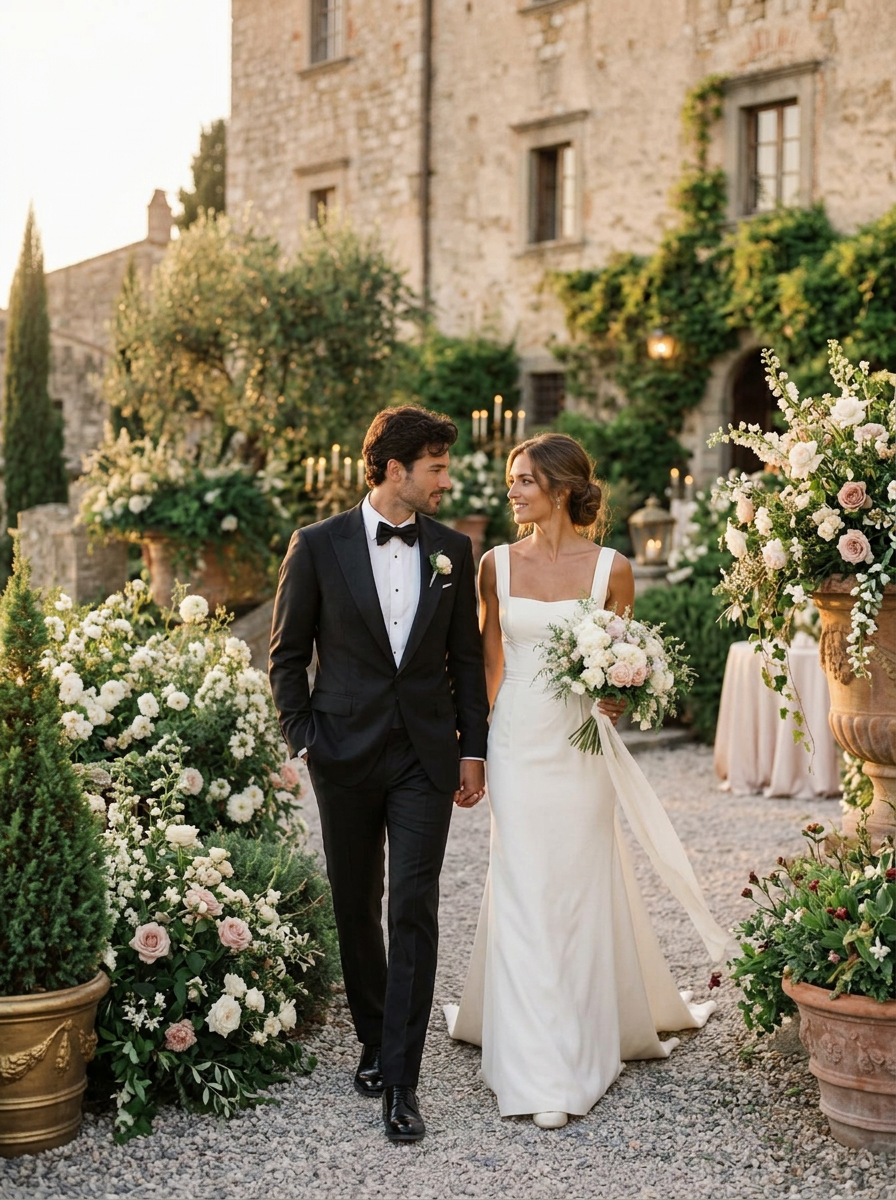 Pareja en un jardín el día de su boda