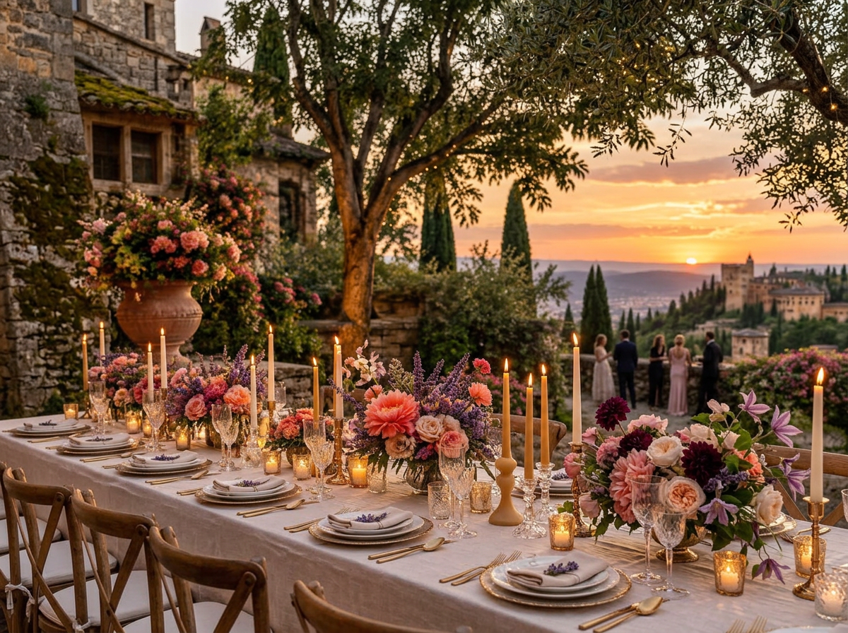 Cena de boda al atardecer con flores